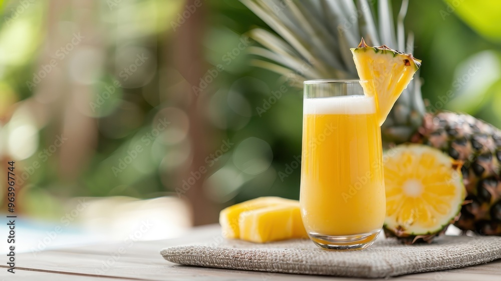 A refreshing glass of pineapple juice with a golden hue and frothy top. A refreshing glass of pineapple juice with a golden hue and frothy top.