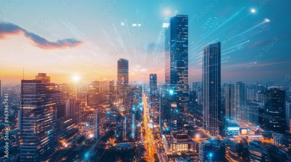 An innovative cityscape with interactive digital skyscrapers and holographic streets An innovative cityscape with interactive digital skyscrapers and holographic streets