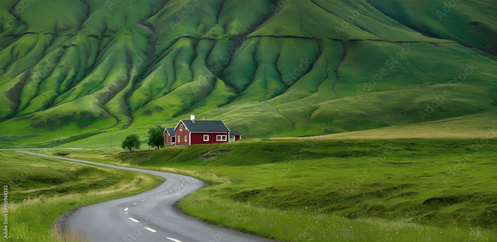 Fototapeta premium Picturesque rural landscape with red barn on green hills