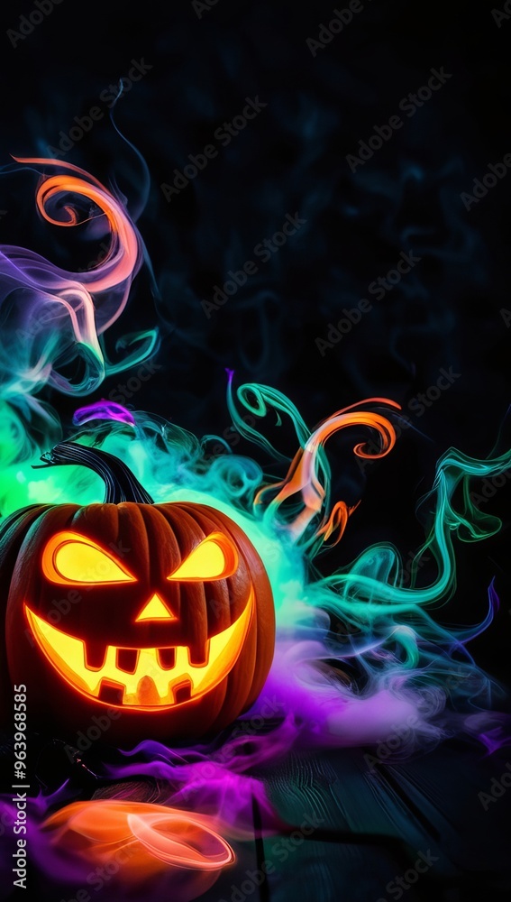 Glowing jack-o'-lantern surrounded by swirling colorful smoke in shades of orange, green, and purple. Halloween copy space greeting card Glowing jack-o'-lantern surrounded by swirling colorful smoke in shades of orange, green, and purple. Halloween copy space greeting card