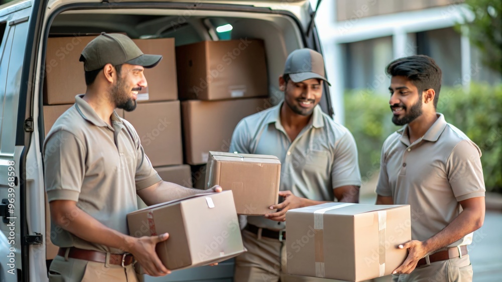 A group of Indian delivery crew members loading packages into a delivery van, emphasizing teamwork and efficiency. A group of Indian delivery crew members loading packages into a delivery van, emphasizing teamwork and efficiency.
