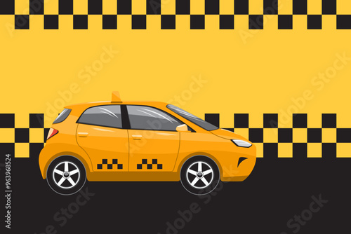 Taxi service themed banner design in flat style. Classic yellow cab vector illustration, banner in yellow and black colors.