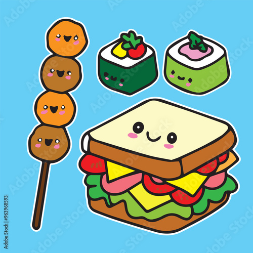 cute food character sticker illustration sushi burger hamburger sandwich bread rice cake set of 4 high quality vector in blue background  for prints kids children comic style kawaii cartoon
