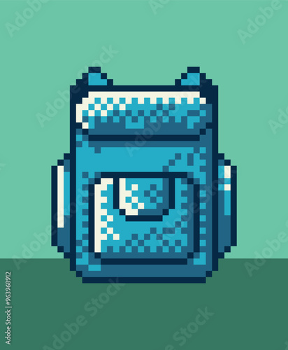 Abstract blue backpack in pixel art style simple icon. Retro 8 bit gaming flat pixel art style, modern logotype graphic illustration.