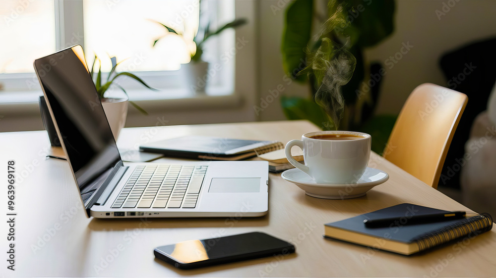 A cozy home office setting with a laptop on a clean desk, a steaming cup of coffee, a notebook, and a smartphone. A cozy home office setting with a laptop on a clean desk, a steaming cup of coffee, a notebook, and a smartphone.