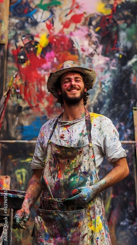 21. An artist wearing a paint-splattered apron, messy but creative expression