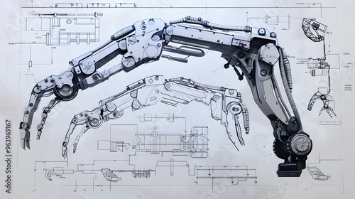 3D mechanical blueprint of an advanced robotic gripper