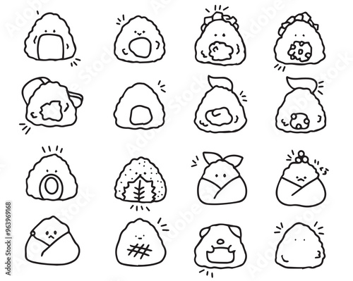 cute japanese rice balls onigiri with different fillings nori sheet cherry japan line art in black and white kawaii comic style for coloring kids children high quality vector