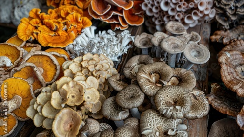 Mix of various real mushrooms like shiitake lions mane reishi cordyceps and chaga. Concept Health Benefits, Medicinal Mushrooms, Culinary Uses, Mushroom Foraging, Fungi Varieties  photo