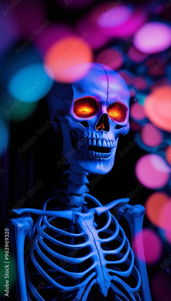 neon skeleton Halloween background. The skeleton's eyes radiate in shades of orange. Pink blue blurred bokeh lights backdrop neon skeleton Halloween background. The skeleton's eyes radiate in shades of orange. Pink blue blurred bokeh lights backdrop
