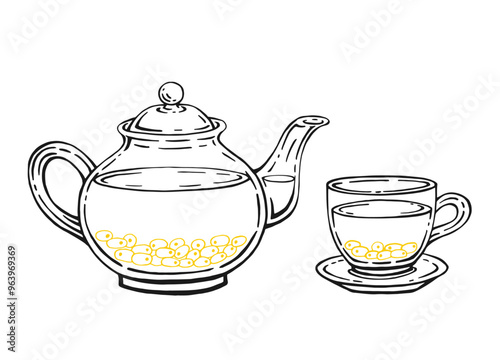Tea set with healthy green tea, sea buckthorn. Teapot and cup. Hand drawn vector illustration.