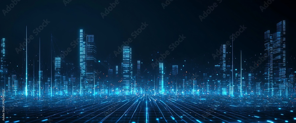 Fototapeta premium Futuristic Digital Cityscape with Neon Lights and Data Visualization