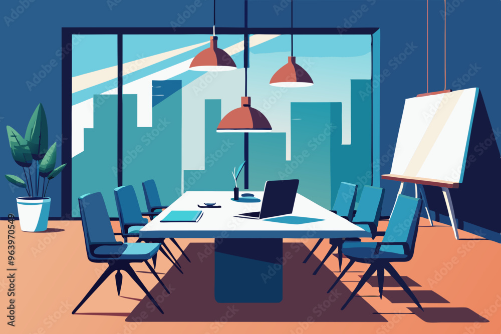Conference table with laptops and chairs empty nobody meeting room modern company boardroom office interior with flip chart corporate team briefings concept flat horizontai vector.