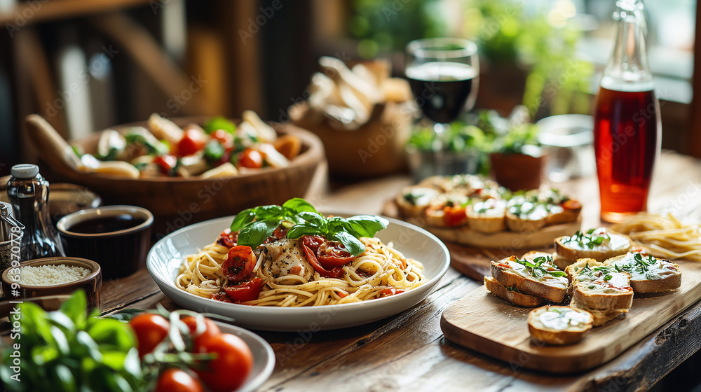 A rustic Italian trattoria table set with a variety of traditional dishes: pasta, bruschetta, and a fresh Caprese salad A rustic Italian trattoria table set with a variety of traditional dishes: pasta, bruschetta, and a fresh Caprese salad