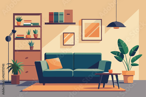 Living room interior. Comfortable sofa, bookcase, chair and house plants. Vector flat illustration.