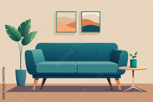 Modern sofa with a side table and plant, cute interior vector illustration in flat style.