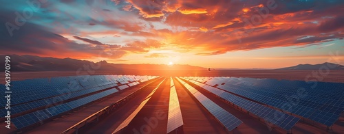 Aerial view of a large-scale solar power plant in the desert, with rows of solar panels stretching towards the horizon under a vibrant sunset, clear light, realistic photo lifelike
