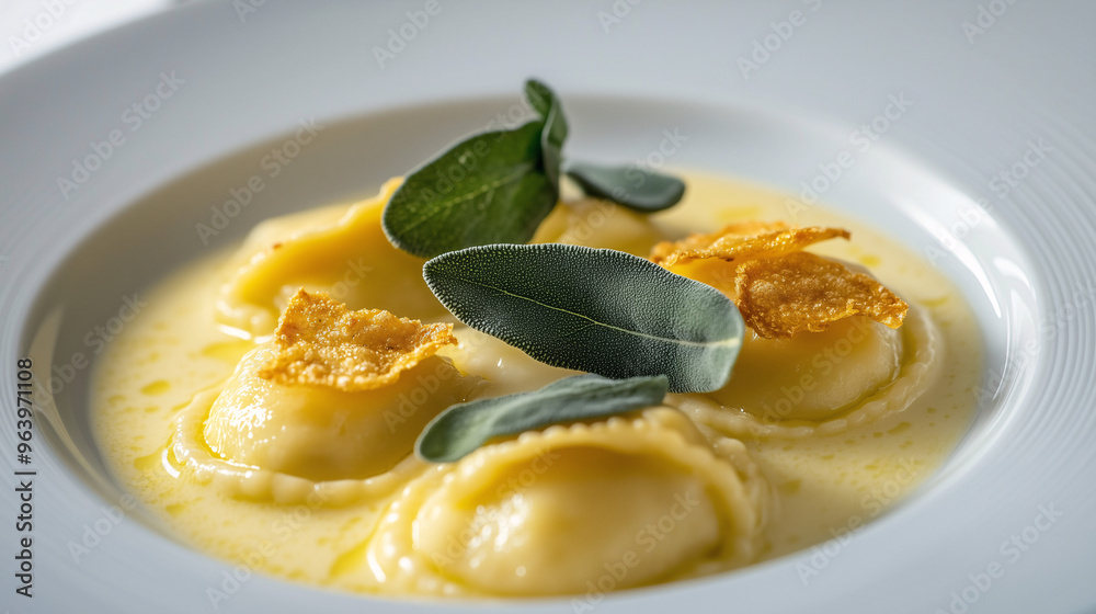 An elegant Italian dish of stuffed ravioli with a delicate sage butter sauce, garnished with crispy sage leaves An elegant Italian dish of stuffed ravioli with a delicate sage butter sauce, garnished with crispy sage leaves