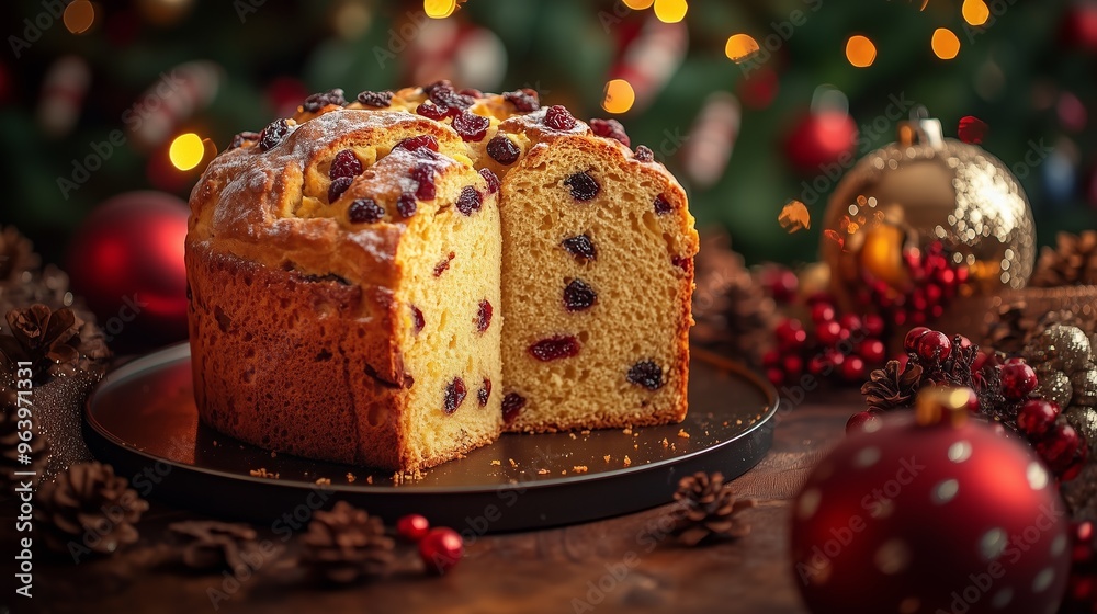 Holiday dessert a Panettone with exotic fruits and nuts, surrounded by Christmas decorations and lights Holiday dessert a Panettone with exotic fruits and nuts, surrounded by Christmas decorations and lights
