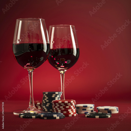 Casino. Poker. Game chips lie next to glasses of red wine on a table against a red background.