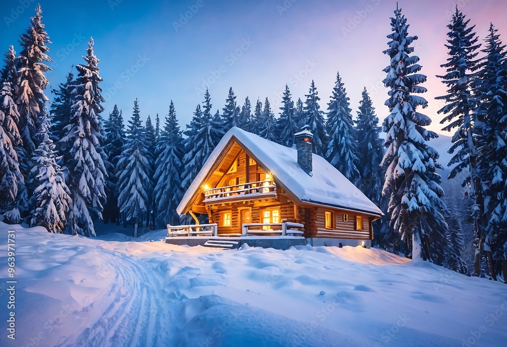 a cabin in the middle of a snowy forest a cabin in the middle of a snowy forest