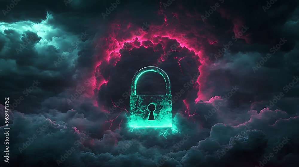 Bewitching Padlock in Mysterious Storm - Concept of Security, Mystery, and Enigma in Night Sky Bewitching Padlock in Mysterious Storm - Concept of Security, Mystery, and Enigma in Night Sky
