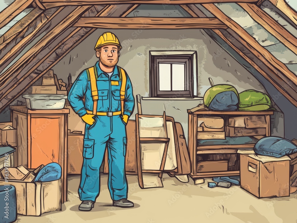 Fototapeta premium Man in a Yellow Hard Hat Standing in an Attic
