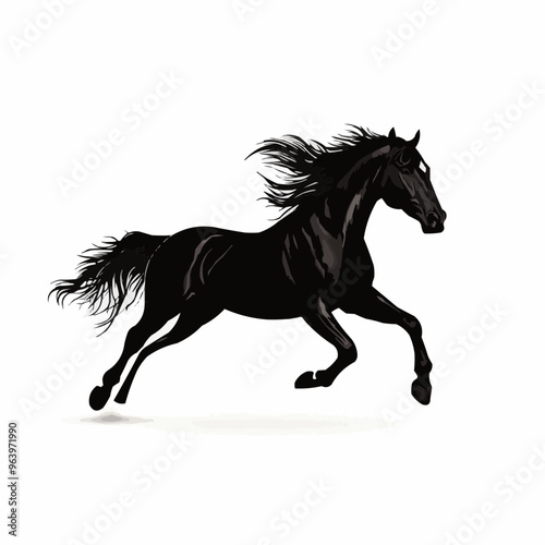 A silhouette of a black horse running gracefully against a white background.