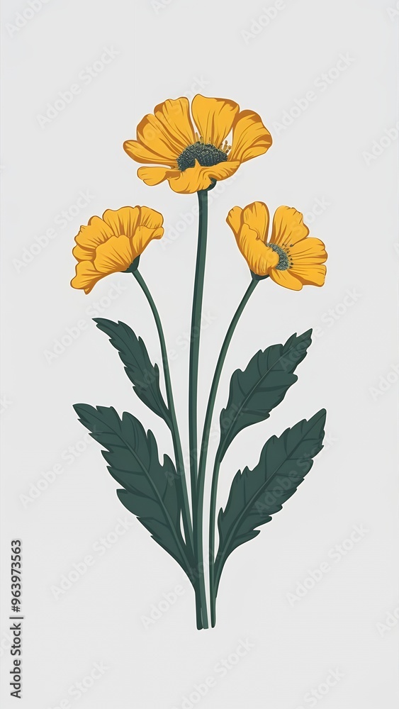 Obraz premium Vibrant yellow flowers with green leaves on a white background