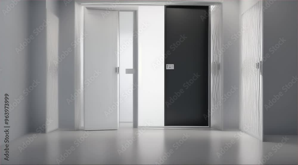 3D rendering of interior of building, hotel corridor, modern empty white room with door and window with warm light.