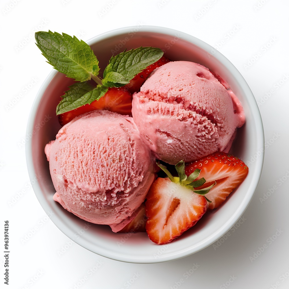 Two scoops of pink ice cream, a sprig of mint, and sliced strawberries in a white bowl. Two scoops of pink ice cream, a sprig of mint, and sliced strawberries in a white bowl.