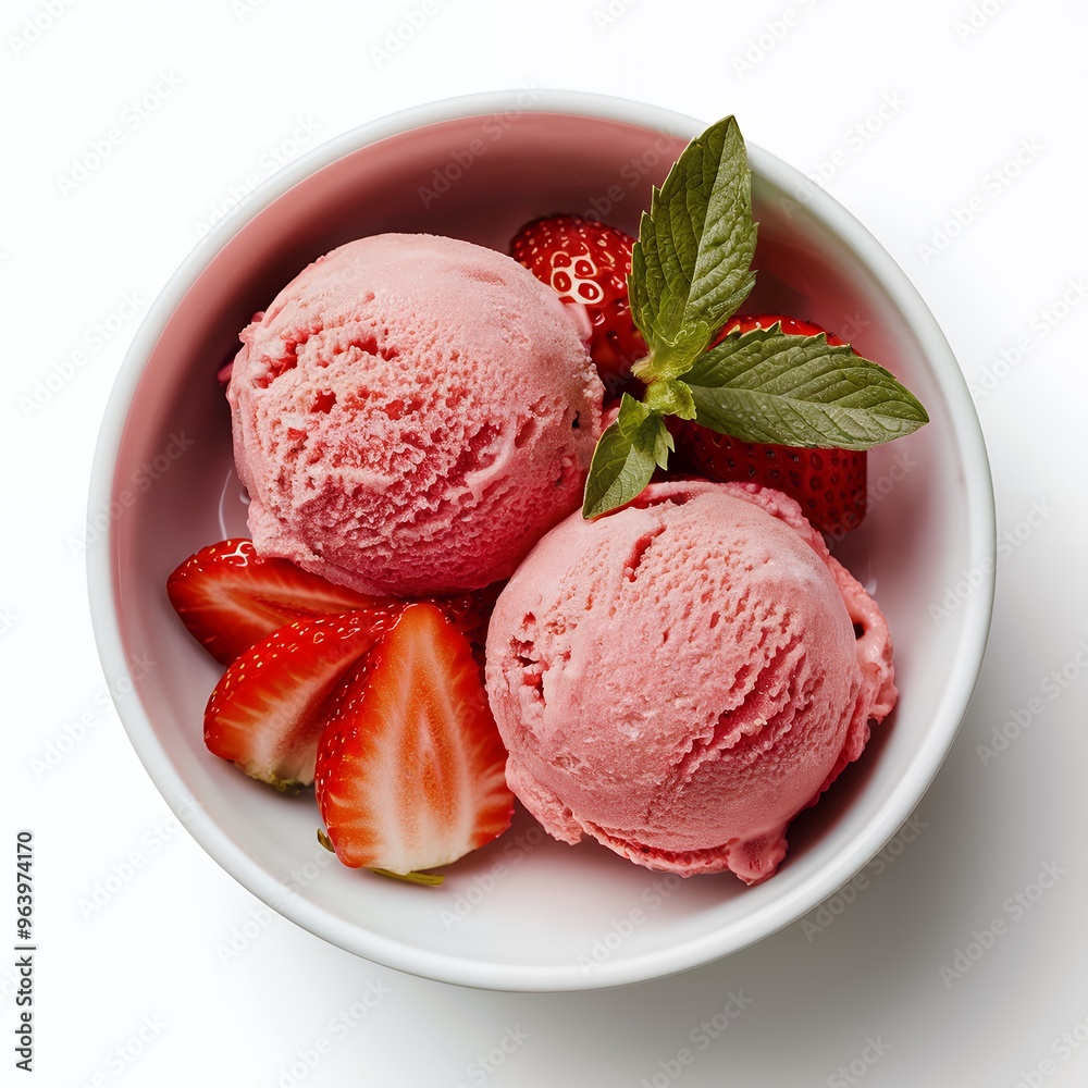 Two scoops of strawberry ice cream topped with fresh strawberries and mint, a refreshing summer treat. Isolated on white background Two scoops of strawberry ice cream topped with fresh strawberries and mint, a refreshing summer treat. Isolated on white background