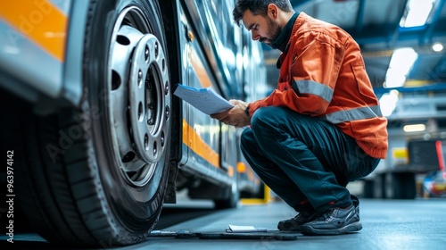 mechanic is Checking the bus Safety Maintenance Checklist. Inspection public transport Safety. Wheels and Tires.