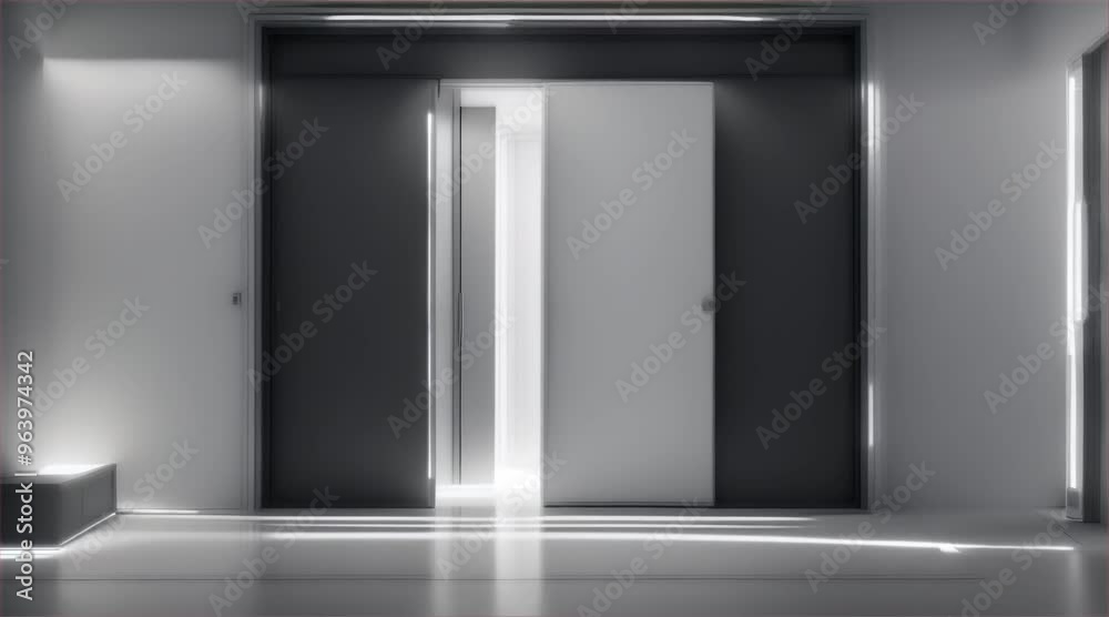 3D rendering of interior of building, hotel corridor, modern empty white room with door and window with warm light. 3D rendering of interior of building, hotel corridor, modern empty white room with door and window with warm light.