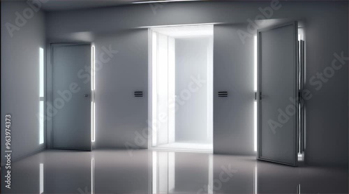 3D rendering of interior of building, hotel corridor, modern empty white room with door and window with warm light.