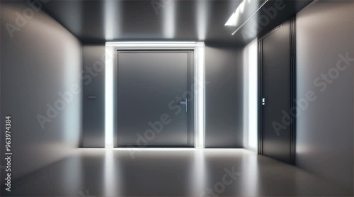 3D rendering of interior of building, hotel corridor, modern empty white room with door and window with warm light.