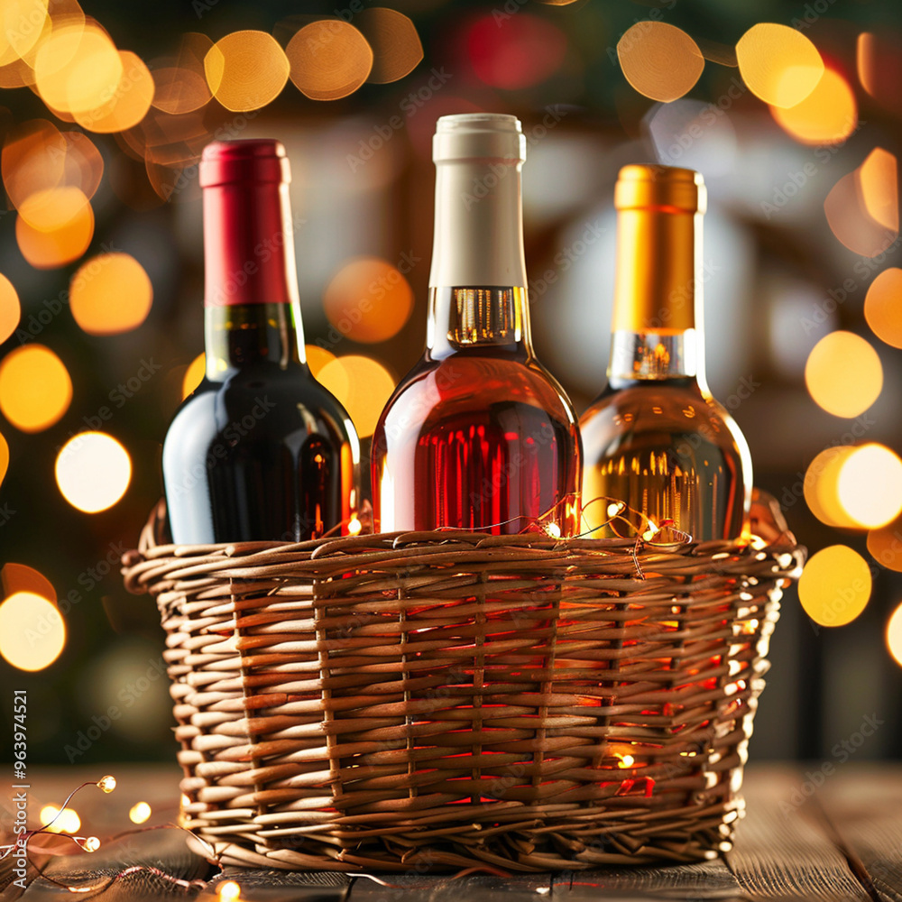 Wicker basket with bottles of wine and gift box against blurred background, closeup Wicker basket with bottles of wine and gift box against blurred background, closeup