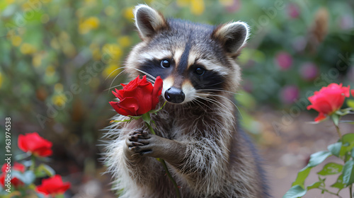 Cute raccoon holding red rose in paws outdoors with green background Greeting card concept ai generative...