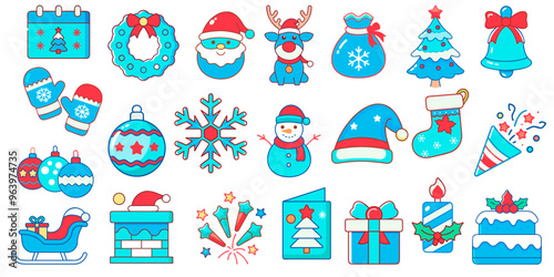 Christmas and New Year Icon Set in Festive Cartoon Style. A collection of 22 vector icons themed around Christmas and New Year, presented in a joyful, festive cartoon style. The icons are designed wit
