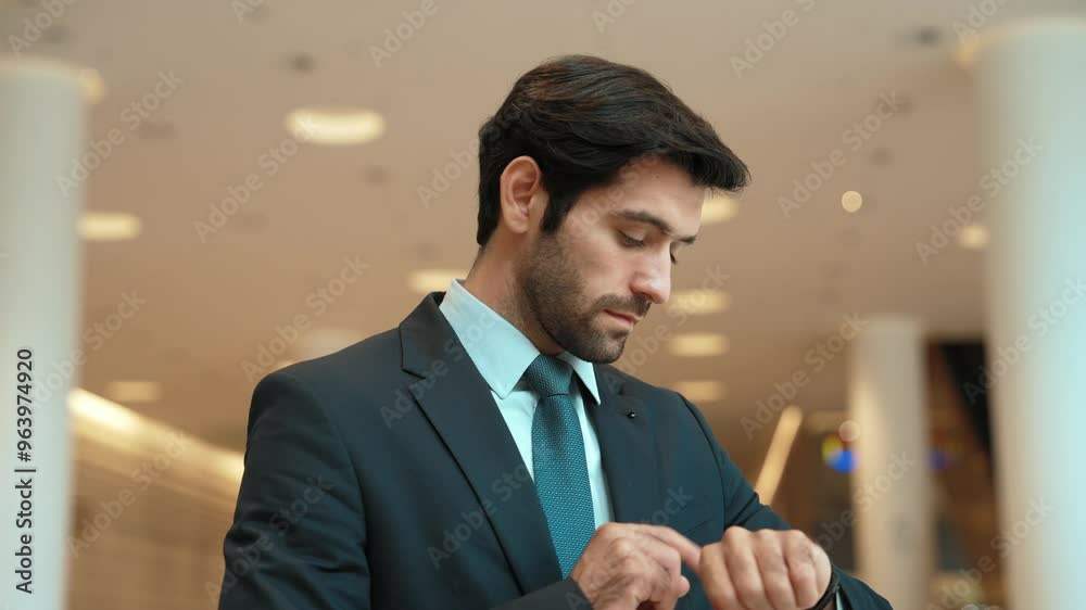 Caucasian smart business man looking at watch while waiting colleague. Executive manager wearing suit while standing at mall with blurred background. Investor wear blue suit checking time. Exultant.