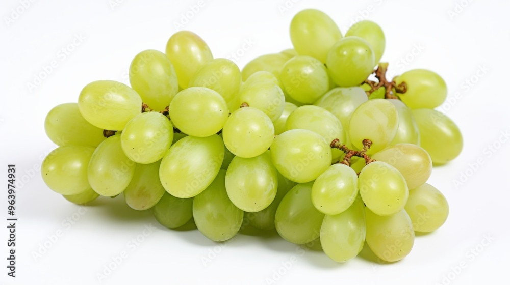 Fresh green grapes arranged on a white background showcasing their natural shine and texture Fresh green grapes arranged on a white background showcasing their natural shine and texture