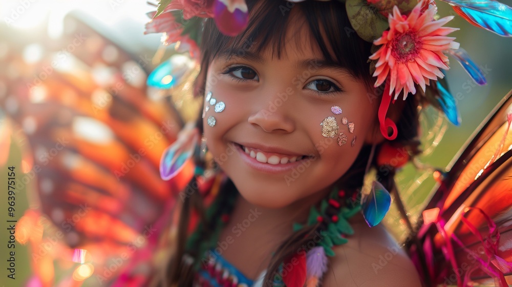 Young girl happily poses outdoors in a butterfly costume and face paint, embodying childhood joy and innocence in a park Young girl happily poses outdoors in a butterfly costume and face paint, embodying childhood joy and innocence in a park