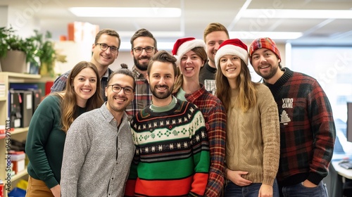  A joyful group of coworkers wearing festive Santa hats celebrating the holiday season together in a cheerful office setting, smiling warmly as they pose for a Christmas and New year photo
