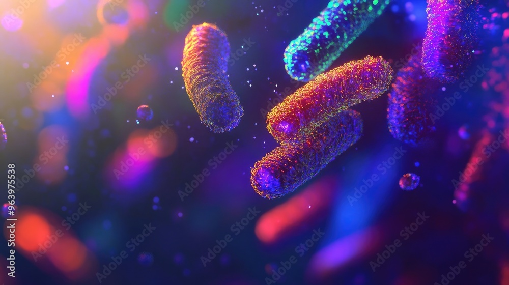 A bioengineered microorganism designed for medicine, with its structure glowing in vibrant colors, seen under a futuristic microscope. A bioengineered microorganism designed for medicine, with its structure glowing in vibrant colors, seen under a futuristic microscope.