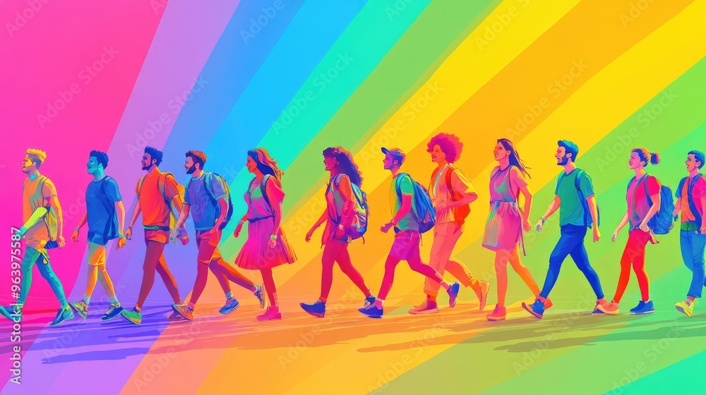 A diverse group of people walking together, each dressed in different shades of the rainbow, celebrating individuality. A diverse group of people walking together, each dressed in different shades of the rainbow, celebrating individuality.