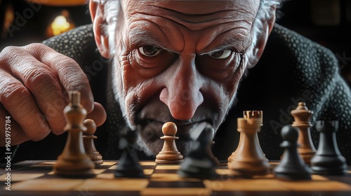 A hyper-realistic close-up of a chess grandmaster making a move, every detail of the chessboard and their face showing intense focus photo