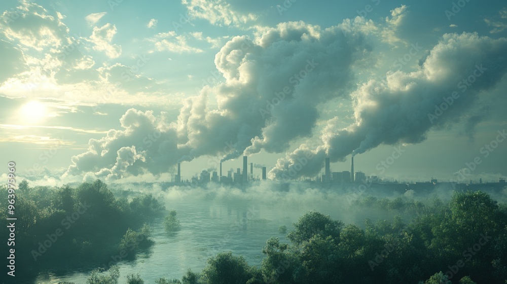 A hazy cityscape with industrial smokestacks releasing plumes of smoke into the atmosphere. A hazy cityscape with industrial smokestacks releasing plumes of smoke into the atmosphere.