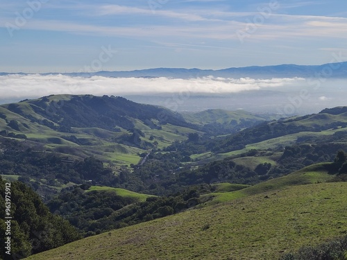 Low clouds and fog cover San Ramon Valley on a winter morning as seen from the East Bay hills