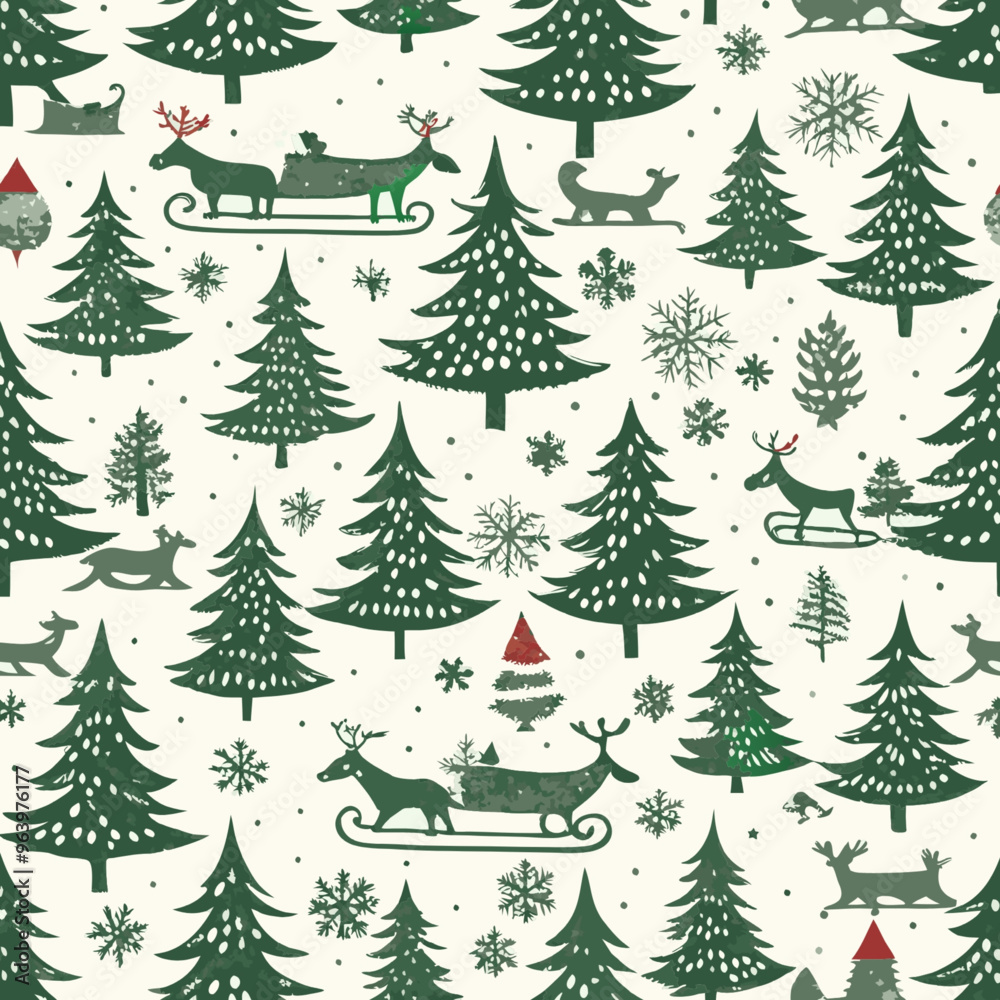 Fototapeta premium Vintage Christmas pattern with reindeer, trees, snowflakes, and festive sleigh rides