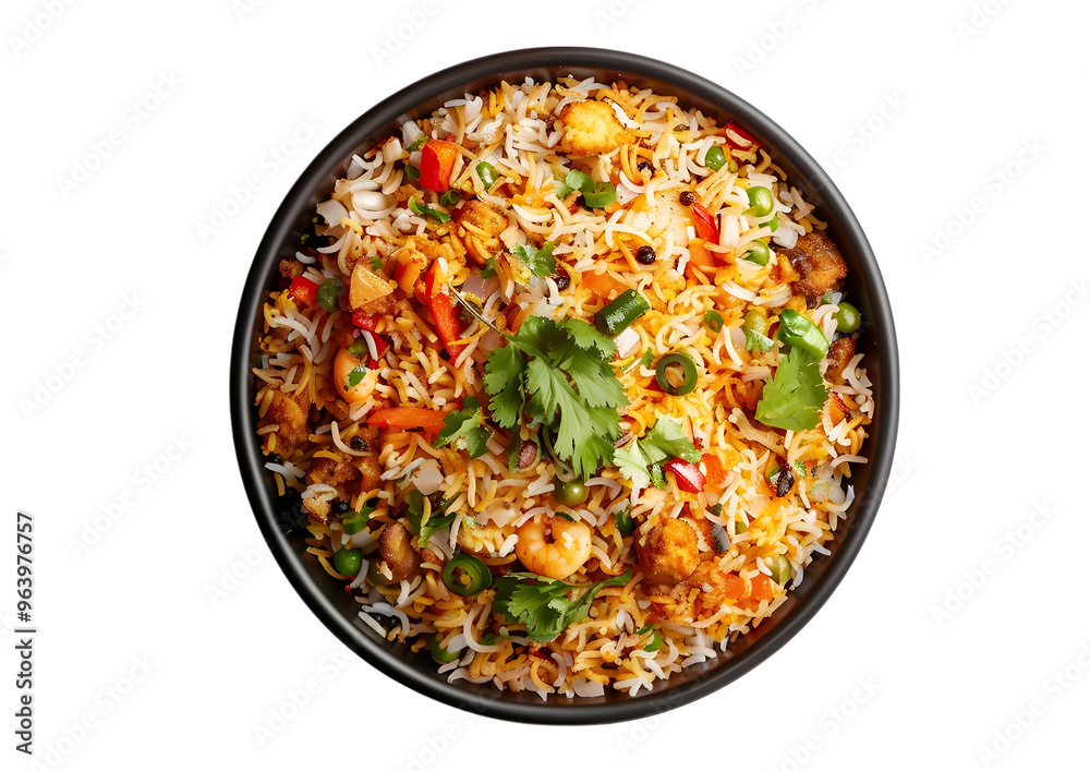 Savory rice dish with mixed vegetables and herbs. Isolated on a transparent background